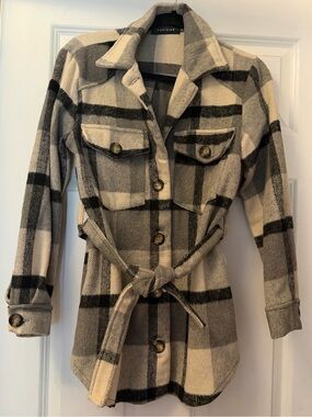 Parisian Works Beige and Gray Plaid Belted Shacket